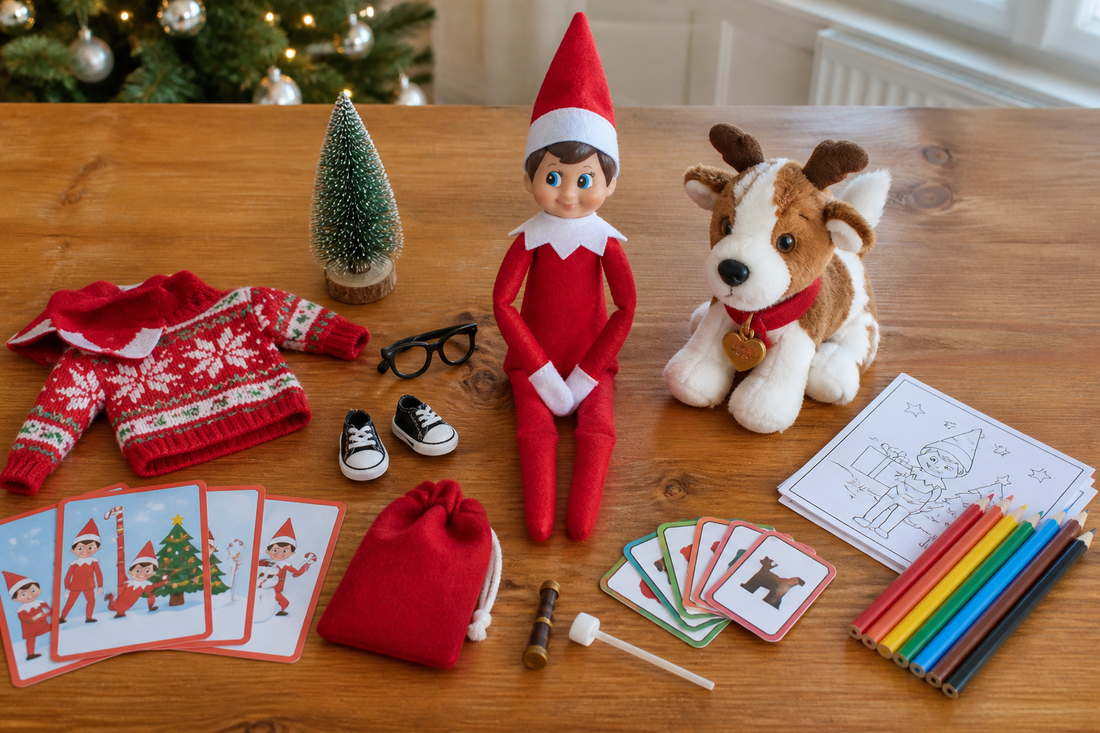 A Scout Elf displayed with prop pieces, an outfit, game cards, a colouring set, and a plush companion on a wooden table.