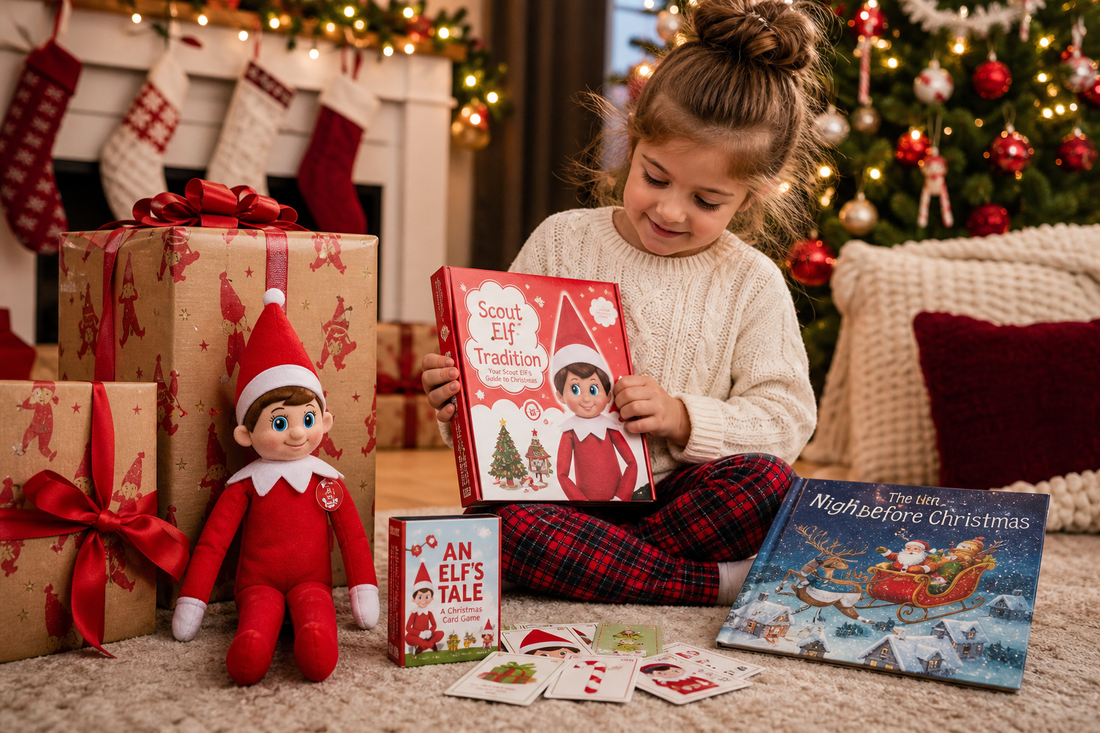 Child looking at Elf on the Shelf gifts beside a decorated Christmas tree
