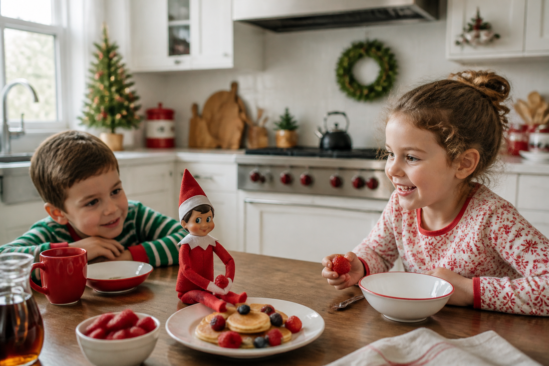 A Scout Elf set up in a Christmas kitchen scene on a breakfast table with simple festive props.