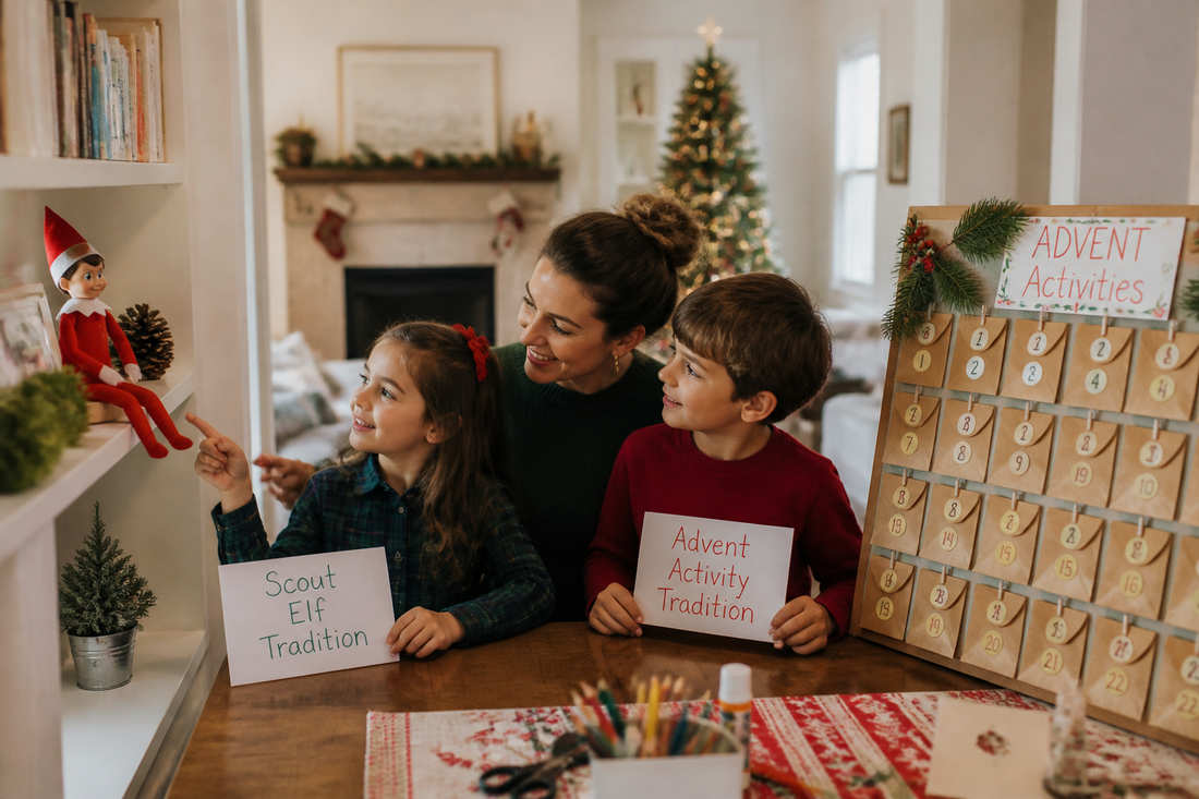 Children looking at a Scout Elf and a homemade Advent activity calendar in a living room.