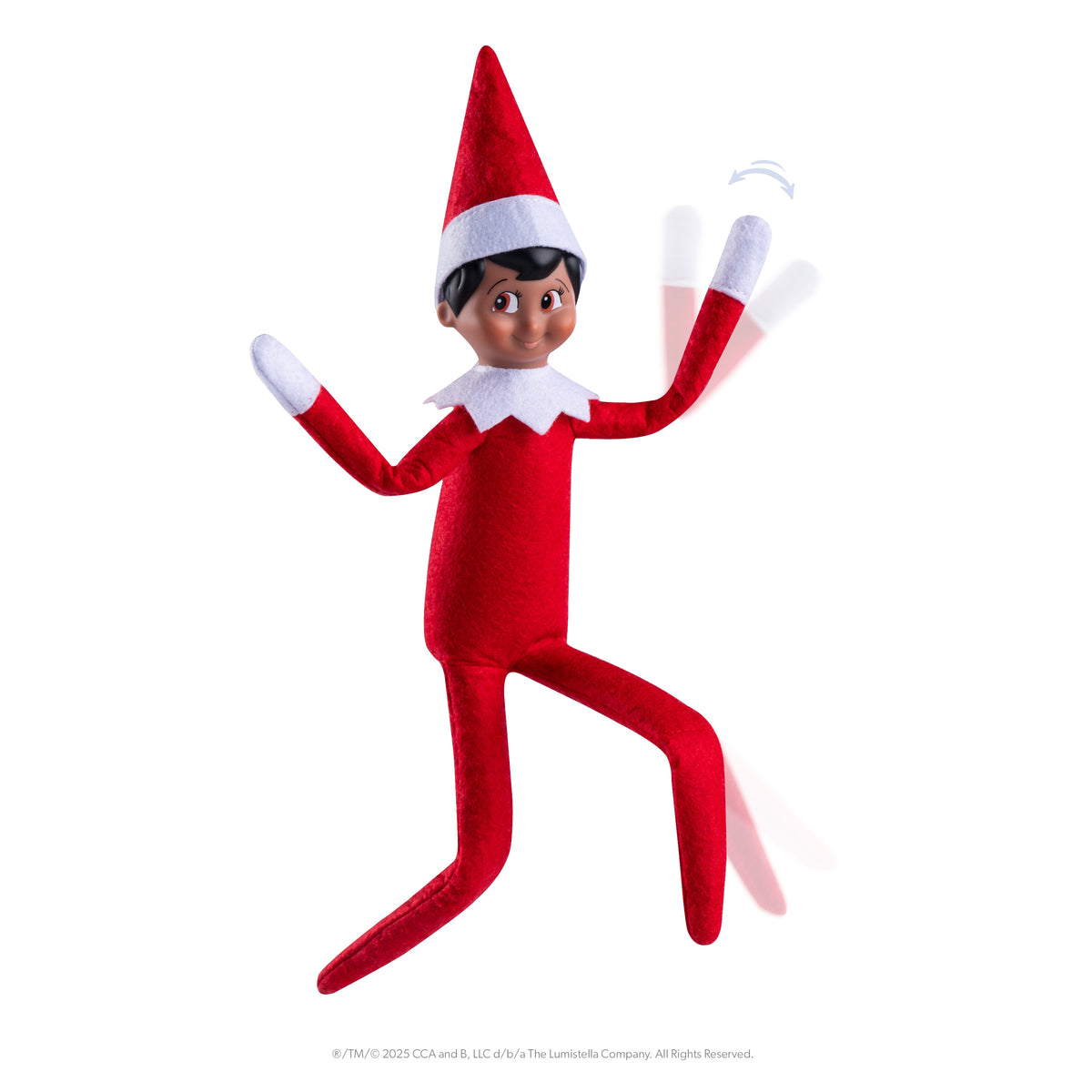 Poseable wired elf on the shelf dressed in bright red with white accents, featuring a cheerful expression and flexible limbs.