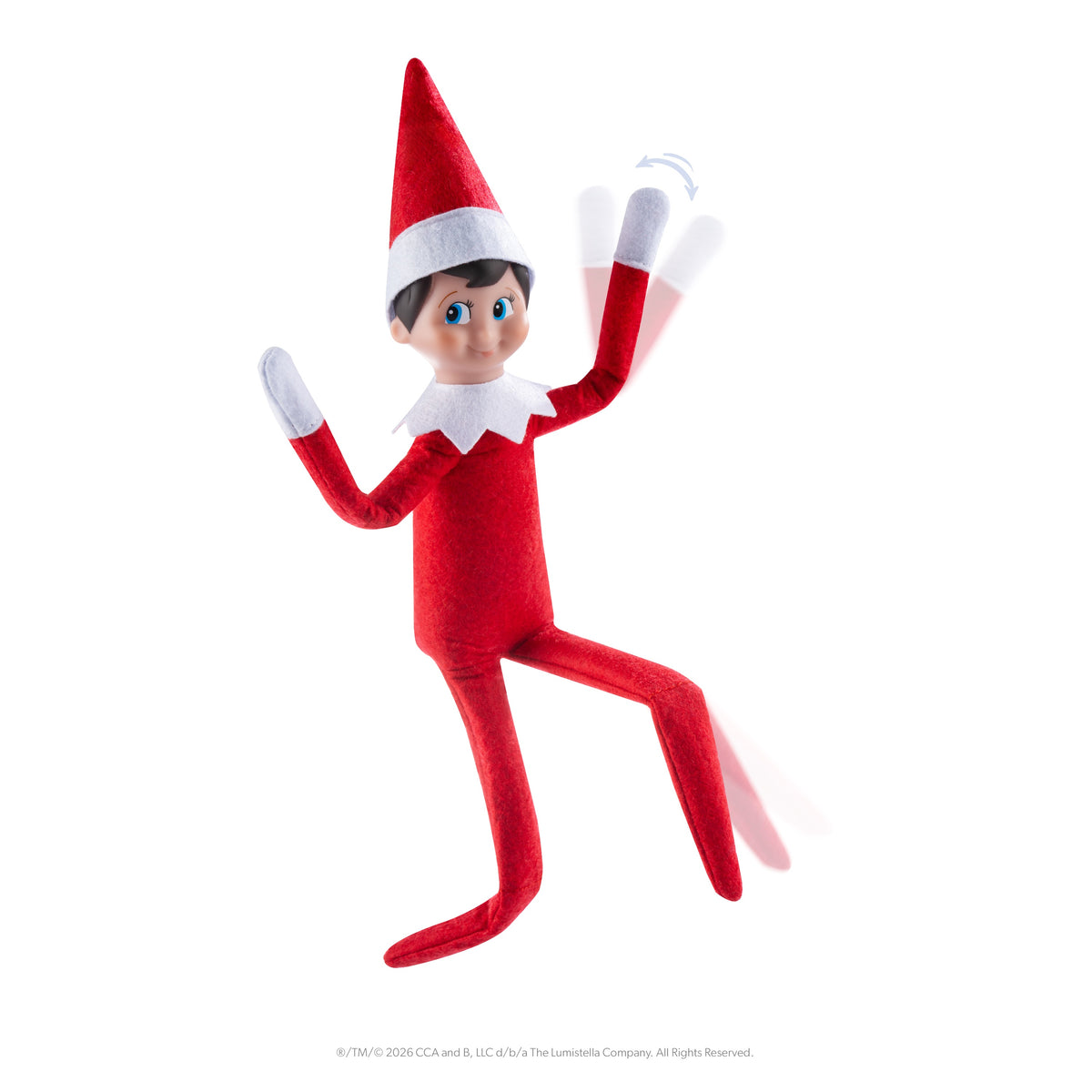 Poseable wired elf on the shelf in a red outfit with white collar and cuffs, waving cheerfully with blue eyes and brown hair.