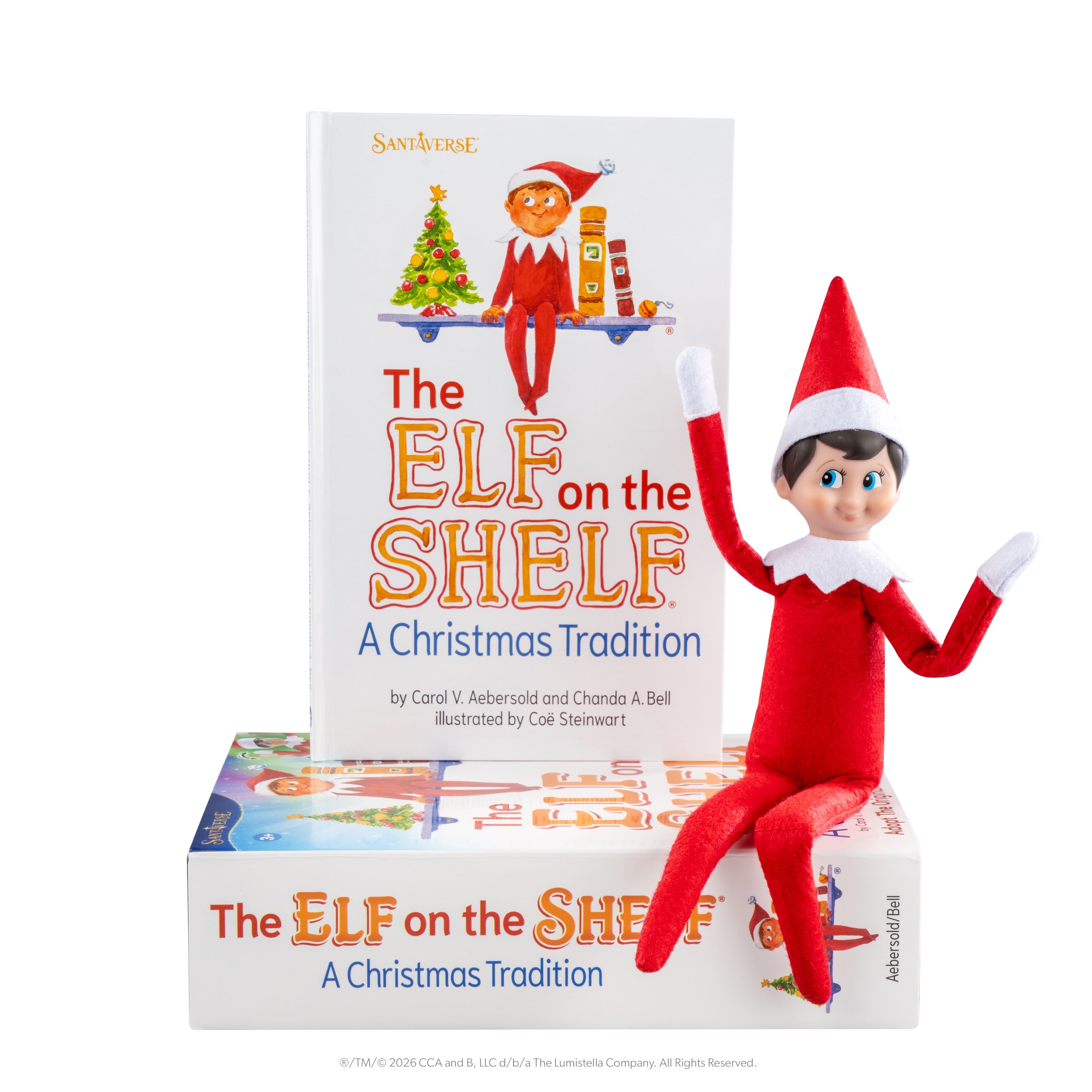Poseable Scout Elf in red outfit with pointed hat, next to illustrated storybook titled "The Elf on the Shelf.
