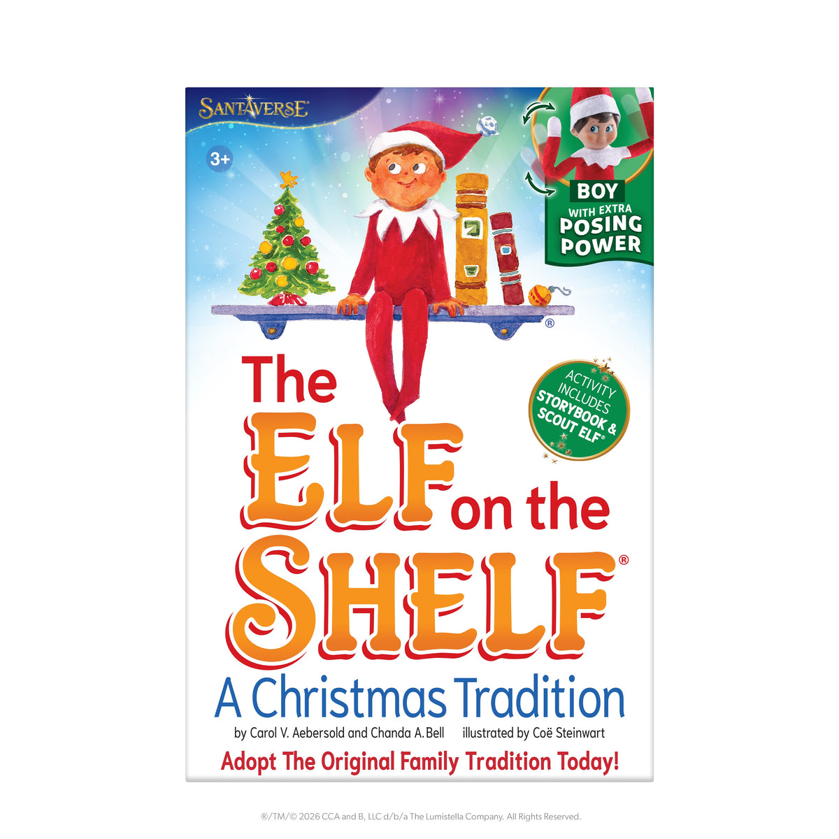 Poseable Wired elf on the shelf features a cheerful elf with a red and white outfit, sitting on a shelf, surrounded by festive elements.