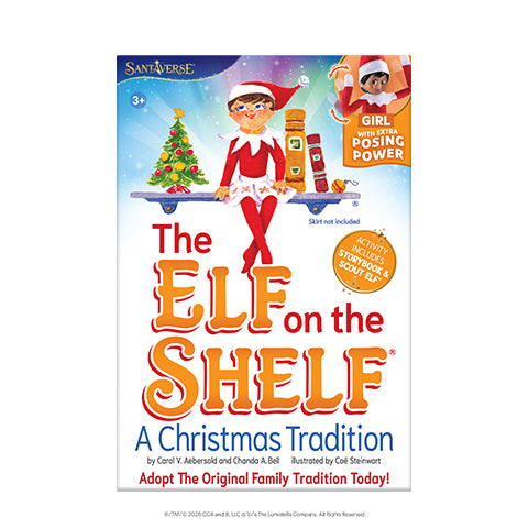 Poseable wired elf on the shelf character in a red and white outfit with a festive background, holding a gift, presented in a colorful storybook.