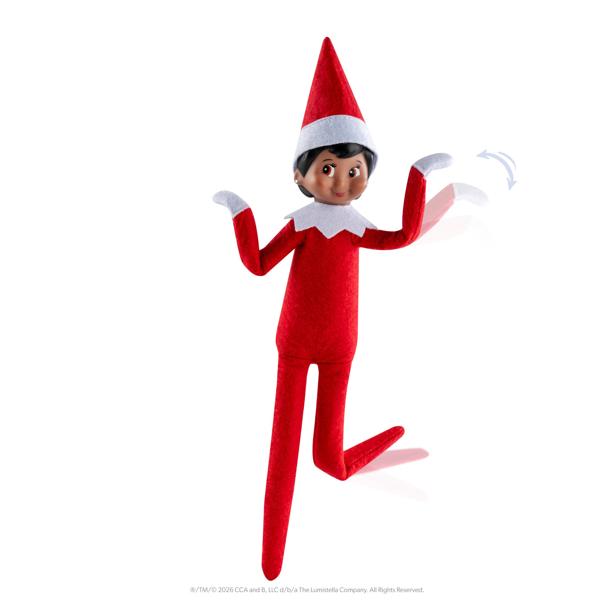 Poseable wired elf on the shelf with a red outfit, white collar, and hat, featuring flexible limbs and a cheerful expression.