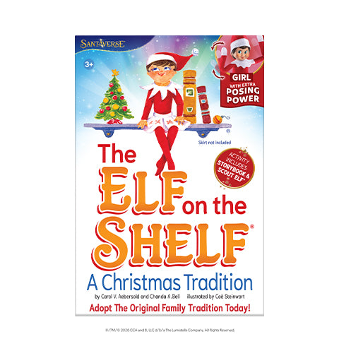 Poseable wired elf on the shelf figure in festive red and white outfit, with a storybook and adoption certificate in a colorful box.