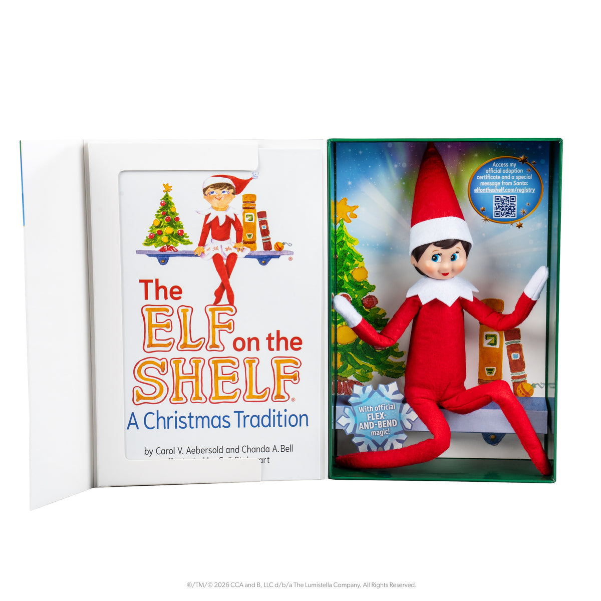 Poseable wired elf on the shelf dressed in red with white accents, displayed next to a storybook inside a colourful keepsake box.