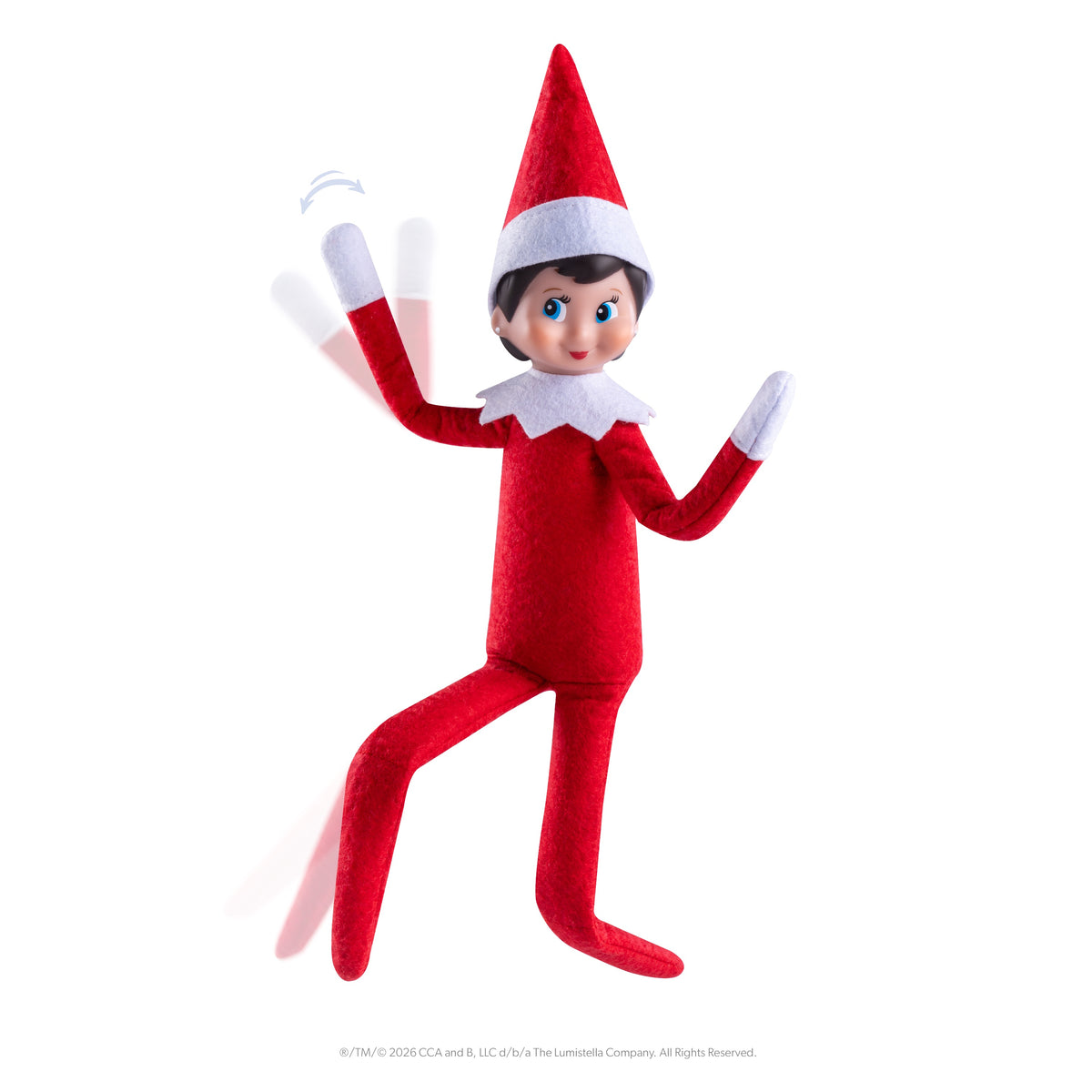 Poseable wired elf on the shelf in a bright red outfit with a pointed hat and white collar, arms raised as if waving.